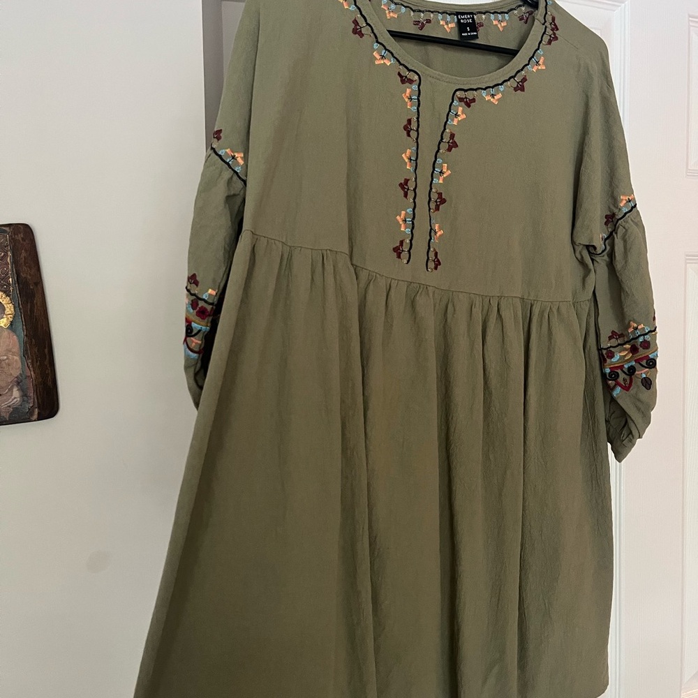 Elegant Olive Embroidered Long Sleeve Dress